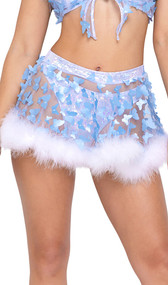 Flared mini skirt features sheer mesh fabric with butterfly applique detail, marabou feather trim and iridescent metallic elastic waistband. Pull on style.