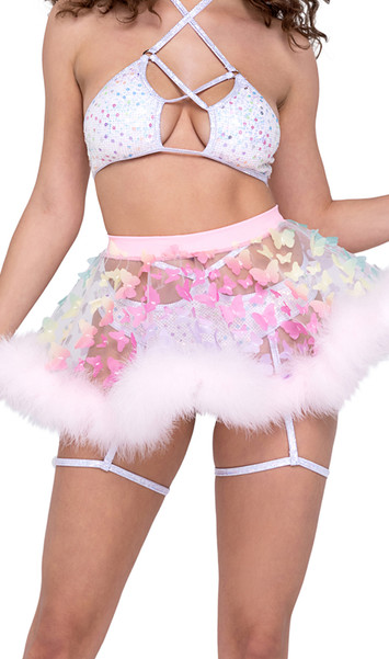 Flared mini skirt features sheer mesh fabric with butterfly applique detail, marabou feather trim and elastic waistband. Pull on style.