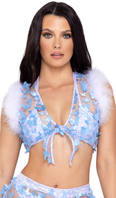 Sheer crop top with butterfly applique detail, marabou feather trim, tie front closure and iridescent metallic trim.