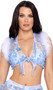 Sheer crop top with butterfly applique detail, marabou feather trim, tie front closure and iridescent metallic trim.