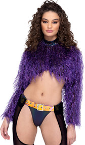 Faux fur crop top with long sleeves, iridescent mock neck, and metallic tinsel accents.