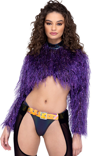Faux fur crop top with long sleeves, iridescent mock neck, and metallic tinsel accents.