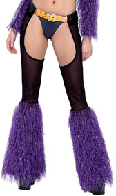 Sheer mesh chaps feature faux fur bell bottom legs with metallic tinsel accents, and iridescent belt with grommets and adjustable buckle closure.