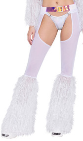 Sheer mesh chaps feature faux fur bell bottom legs with metallic tinsel accents, and iridescent belt with grommets and adjustable buckle closure.