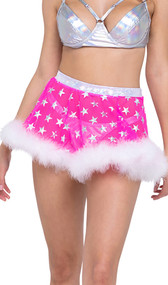 Mini skirt features sheer mesh fabric with hologram star print, metallic elastic waistband, and furry marabou trim. Pull on style.