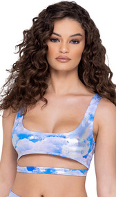 Metallic crop top with cloud print design, square neckline, and wide shoulder straps. Pull on style.