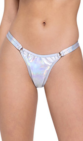 Low rise hologram shorts feature iridescent fabric, O ring accents, wide straps and thong cut back.
