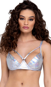 Hologram bra style crop top features iridescent fabric, underwire demi cups with adjustable strap accents, O ring details, adjustable shoulder straps and swan hook back closure.