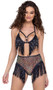 Sequin fishnet crop top features triangle cups with strappy details, sequin fringe, O ring accent, iridescent trim, halter neck and tie back closure.