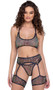 Sequin fishnet crop top features O ring accents, iridescent trim, halter neck and tie back closure.