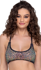 Sequin fishnet crop top features O ring accents, iridescent trim, halter neck and tie back closure.