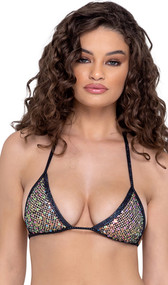 Sequin fishnet crop top features triangle cups, iridescent trim, halter neck and tie back closure.