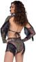 Sequin fishnet shrug with long sleeves, sequin fringe accents and iridescent mock neck collar.