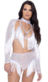 Sequin fishnet shrug with long sleeves, sequin fringe accents and iridescent mock neck collar.