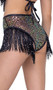 Sequin fishnet shorts feature iridescent trim and fringe sequin accents.
