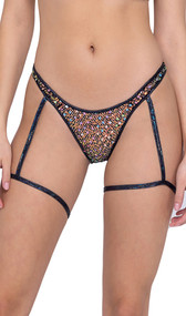 Sequin fishnet bikini style low rise shorts with iridescent trim and attached wraparound garters.