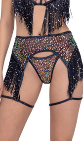 Sequin fishnet garter belt with high waist, iridescent trim, sequin fringe hip details and iridescent leg garters.