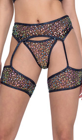Sequin fishnet garter belt with high waist, iridescent trim, and attached wide leg garters.
