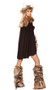 Viking Warrior costume includes faux leather strapless corset top with back zipper closure and front faux chest armor detail. Matching faux leather asymmetrical skirt features lace up accents, faux fur center panel and hidden back zipper closure. Mid-length cape features faux fur trim on top, criss cross studded holster straps and tie closure. Faux leather soft helmet features inside foam padding, faux fur trim, and padded horn accents. Four piece set.