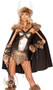 Viking Warrior costume includes faux leather strapless corset top with back zipper closure and front faux chest armor detail. Matching faux leather asymmetrical skirt features lace up accents, faux fur center panel and hidden back zipper closure. Mid-length cape features faux fur trim on top, criss cross studded holster straps and tie closure. Faux leather soft helmet features inside foam padding, faux fur trim, and padded horn accents. Four piece set.