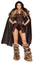 Northern Warrior costume includes sleeveless strapless mini dress with quilted sides, front slit and zipper closure on a faux suede fabric with studded accents, and velvet back. Long velvet cape with faux fur trim and criss cross studded holster straps with tie closure also included. Matching velvet mini shorts and faux leather adjustable belt also included. Four piece set.