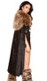 Northern Warrior costume includes sleeveless strapless mini dress with quilted sides, front slit and zipper closure on a faux suede fabric with studded accents, and velvet back. Long velvet cape with faux fur trim and criss cross studded holster straps with tie closure also included. Matching velvet mini shorts and faux leather adjustable belt also included. Four piece set.