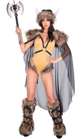 Medieval Viking costume includes sleeveless faux suede romper with faux fur trim and long sheer cape with attached studded harness, O ring and faux fur shoulders. Helmet style headpiece with faux fur trim and horns also included. Three piece set.
