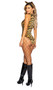 Innocent Tiger costume includes animal print romper with strappy  harness detail over a plunging V neckline, O Ring accent, and cheeky cut back. Matching cat ears also included. Two piece set.