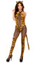 Here Kitty Kitty Tiger costume includes tiger striped catsuit featuring sheer fishnet panels, criss cross halter style neck, and detachable tail. Matching cat ears also included. Three  piece set.