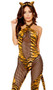 Here Kitty Kitty Tiger costume includes tiger striped catsuit featuring sheer fishnet panels, criss cross halter style neck, and detachable tail. Matching cat ears also included. Three  piece set.