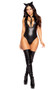 Fierce Catwoman costume includes wet look romper with strappy  harness detail over a plunging V neckline, O Ring accent, and cheeky cut back. Matching cat ears also included. Two piece set.