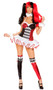 Joke Lover costume includes metallic sequin romper with ruffle trim, black and white diamond pattern panel, and halter neck. Pleated tutu skirt and ruffled choker also included. Three piece set.