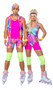 Retro Rollerblade Doll costume includes leotard style bodysuit with swirl retro print, round neckline and wide straps. Matching visor, bicycle style shorts, wrist sweatbands, and neon kneepads also included. Five piece set. Skates and earrings not included.