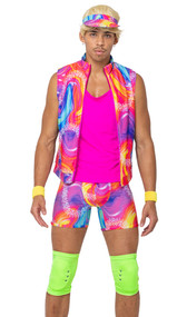 Retro Skating Stud costume includes sleeveless vest with swirl retro print, mock neck and zipper closure. Matching bicycle style shorts, visor, wrist sweatbands, tank top and neon kneepads also included. Six piece set.