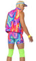 Retro Skating Stud costume includes sleeveless vest with swirl retro print, mock neck and zipper closure. Matching bicycle style shorts, visor, wrist sweatbands, tank top and neon kneepads also included. Six piece set.