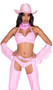 Sheriff Shine Cowgirl costume includes pink vinyl bra top with halter neck and back tie closure, mini booty shorts with puckered back, chaps, belt, bandana, and pair of long arm cuffs with fringe detail. Six piece set.