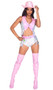 Space Cowgirl Babe costume includes pink vinyl cropped vest with iridescent sides and back, halter style neck with collar, fringe detail, and button front closure. Matching adjustable belt with buckle and fringe and  iridescent shorts also included. Three piece set.