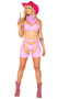 Pretty Pink Cowgirl costume includes studded pink vinyl bra top with fringe detail, halter neck and tie back. Matching short chaps with adjustable belt and buckle closure also included. Bikini style bottom with pucker back and bandana also included. Four piece set.