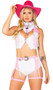Saddle Up Diva Cowgirl costume includes cropped studded vinyl vest with fringe detail, plunging neckline, halter style neck with collar, and front button closure. Matching high waisted shorts, bandana, and adjustable garter belt with belt buckle also included. Four piece set.