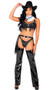 Midnight Gunslinger Cowgirl costume includes black studded vinyl bra top with fringe detail, halter neck and back tie closure. Matching chaps with adjustable belt and buckle detail also included. Matching low rise mini booty shorts and bandana also included. Four piece set.