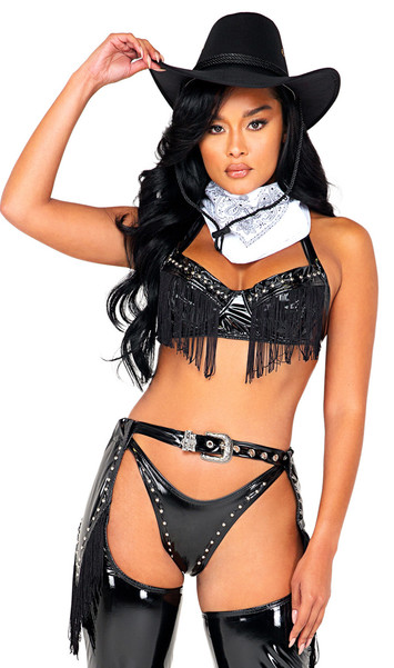 Midnight Gunslinger Cowgirl costume includes black studded vinyl bra top with fringe detail, halter neck and back tie closure. Matching chaps with adjustable belt and buckle detail also included. Matching low rise mini booty shorts and bandana also included. Four piece set.