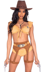 Wild and Sexy West Cowgirl costume includes faux suede crop top with tie front, cap sleeves, ruffle trim and sheriff badge. Matching low rise booty shorts, chaps inspired studded garter belt, and belt with oversized buckle also included. Four piece set.