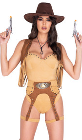 Wild West Babe Cowgirl costume includes faux suede sleeveless romper with studded trim, studded vest with fringe detailing, chaps inspired matching garter belt, and belt with oversized buckle. Four piece set.