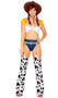 Playful Cowgirl costume includes ruffled crop top with tie front, cap sleeves and contrast red trim. Denim look booty shorts also included. Garter belt with adjustable waist and western style buckle, and attached cow print chaps also included. Three piece set.
