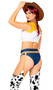 Playful Cowgirl costume includes ruffled crop top with tie front, cap sleeves and contrast red trim. Denim look booty shorts also included. Garter belt with adjustable waist and western style buckle, and attached cow print chaps also included. Three piece set.