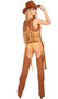 Wild Western Temptress Cowgirl costume includes faux suede sleeveless crop top with studded trim, studded vest with fringe detailing, low rise booty shorts with pucker back, chaps, and belt with oversized buckle. Five piece set.