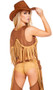 Wild Western Temptress Cowgirl costume includes faux suede sleeveless crop top with studded trim, studded vest with fringe detailing, low rise booty shorts with pucker back, chaps, and belt with oversized buckle. Five piece set.