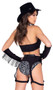 Wild West Babe Cowgirl costume includes black studded vest with paisley print collar, halter style neck and front button closure. Matching high waisted shorts also included. Matching chaps inspired garter belt with adjustable belt and oversized buckle also included. Arm guards with fringe accents also included. Five piece set.