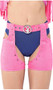 Playboy Pink Cowgirl costume set includes vinyl halter bra top, faux suede fringe vest with heart shaped studded detail, matching short chaps, fingerless gloves and denim look mini shorts. Vinyl belt with Playboy Bunny head logo and matching cowboy hat with bunny charm and chin strap also included. Seven piece set.