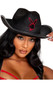Playboy Buckaroo Cowgirl costume set includes vinyl bra top with mesh cups featuring flocked Playboy Bunny logo, strappy accents, adjustable straps and hook and eye closure. Vinyl cropped vest with fringe detail and matching fingerless gloves also included. High waisted vinyl shorts, adjustable belt with oversized buckle, and cowboy cat with Playboy Bunny logo also included. Six piece set.